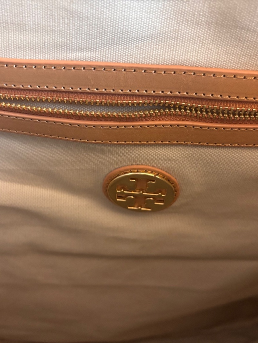 Tory Burch Ella Canvas Bird Tote Cream Navy Leather Trim Large Shoulder Bag - Picture 4 of 5